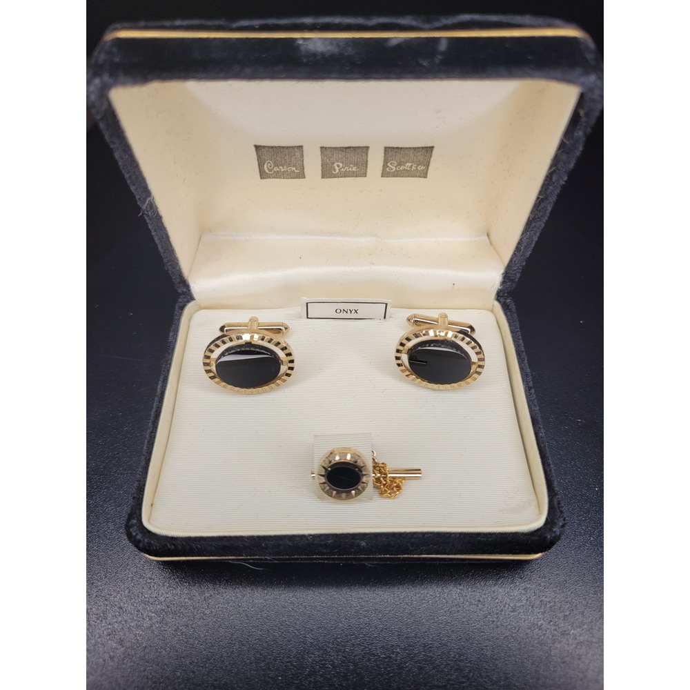 Carson Pirie Scott & Co Cufflink Tie Tack Set Gold Tone Black Onyx Excellent